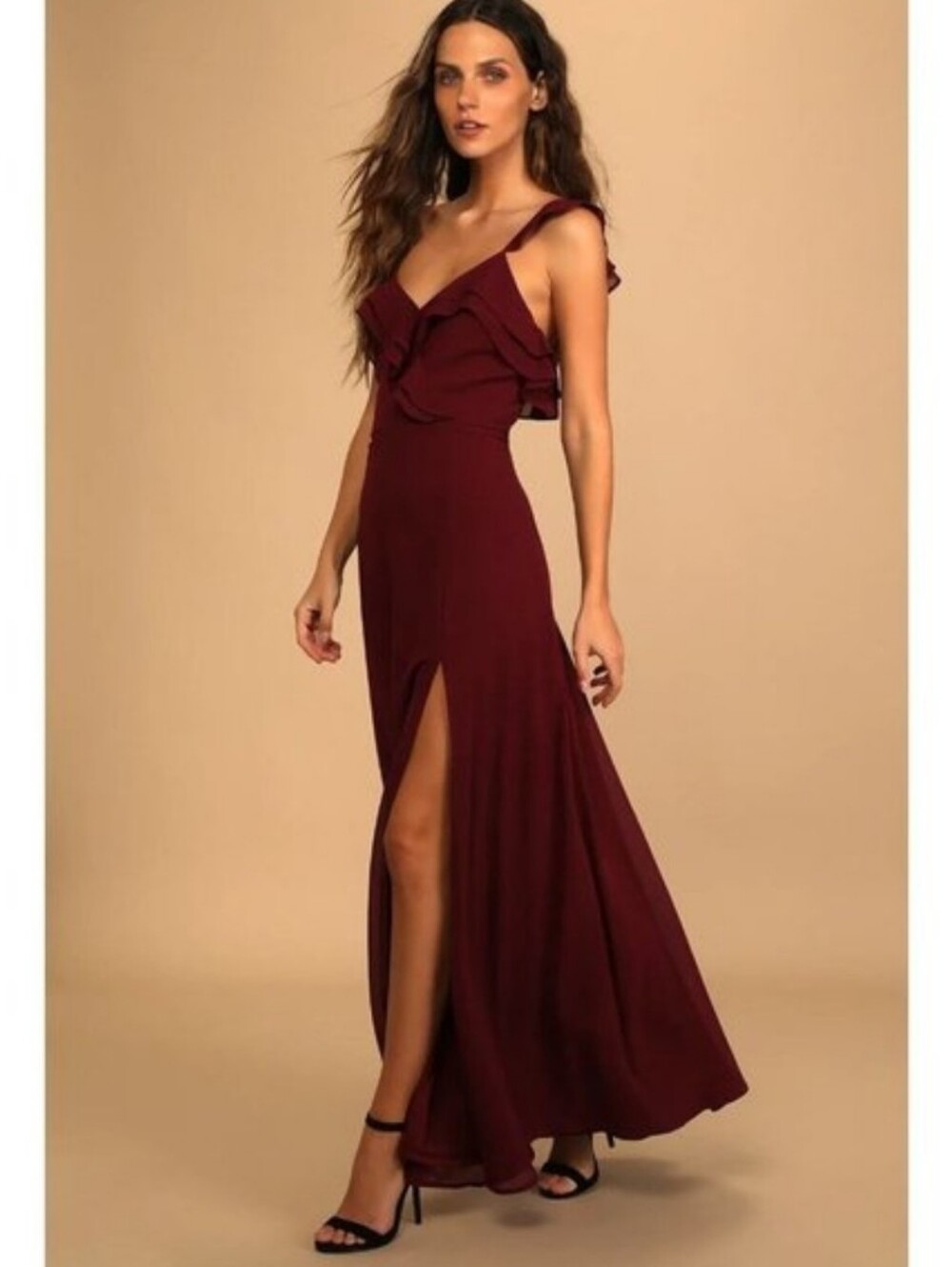 Lulu's burgundy ruffle chiffon maxi dress with a side slit